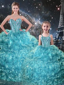 Designer Aqua Blue Sleeveless Beading and Ruffles Floor Length Quinceanera Gown