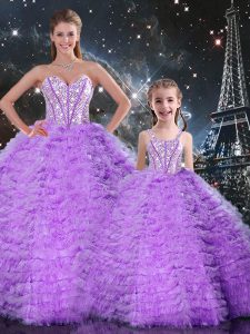 Fancy Floor Length Lace Up Quince Ball Gowns Lavender for Military Ball and Sweet 16 and Quinceanera with Beading and Ruffles