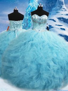 Popular Sleeveless Tulle Floor Length Lace Up Quinceanera Gowns in Aqua Blue with Beading and Pick Ups