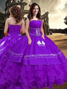 Custom Design Purple Zipper Strapless Embroidery and Ruffled Layers Quinceanera Dresses Taffeta Sleeveless