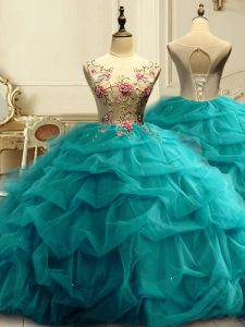 Sleeveless Lace Up Floor Length Appliques and Ruffles and Sequins Sweet 16 Quinceanera Dress