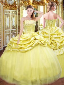 Attractive Strapless Sleeveless Lace Up Ball Gown Prom Dress Gold Taffeta