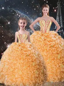 Orange Ball Gowns Sweetheart Sleeveless Organza Floor Length Lace Up Beading and Ruffles Quinceanera Dress