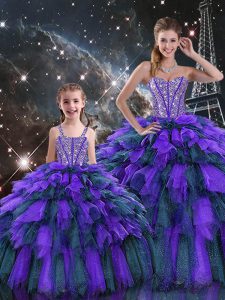 Multi-color Sleeveless Floor Length Beading and Ruffles and Ruffled Layers Lace Up 15th Birthday Dress