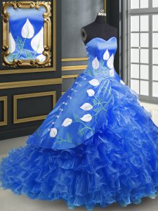 Glittering Blue Sleeveless Organza Brush Train Lace Up Quinceanera Gown for Military Ball and Sweet 16 and Quinceanera