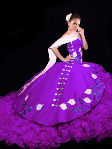 Sleeveless Organza Brush Train Lace Up Quinceanera Dress in Eggplant Purple with Embroidery and Ruffles