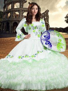 Square Long Sleeves Sweet 16 Quinceanera Dress Floor Length Embroidery and Ruffled Layers White Organza