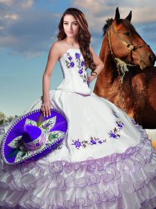 Great White Strapless Neckline Embroidery and Ruffled Layers 15 Quinceanera Dress Sleeveless Lace Up