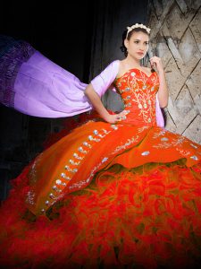 Orange Red Sweetheart Lace Up Embroidery and Ruffles 15th Birthday Dress Brush Train Sleeveless