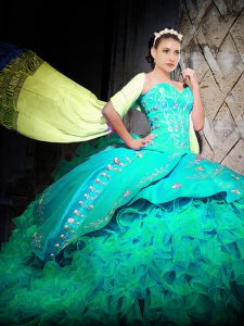 On Sale Sleeveless With Train Embroidery and Ruffles Lace Up Quinceanera Dress with Turquoise Brush Train