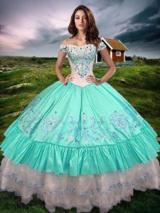 Low Price Aqua Blue Ball Gowns Off The Shoulder Sleeveless Taffeta Floor Length Lace Up Beading and Embroidery and Ruffled Layers Sweet 16 Dresses