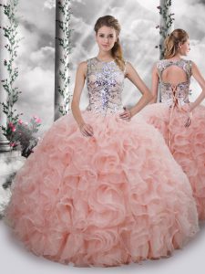 Latest Scoop Sleeveless Vestidos de Quinceanera Floor Length Beading and Ruffles Baby Pink Organza