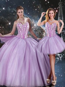 Lavender Sleeveless Tulle Lace Up Quince Ball Gowns for Military Ball and Sweet 16 and Quinceanera