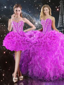 Fitting Fuchsia Sleeveless Floor Length Beading and Ruffles Lace Up Quinceanera Dress
