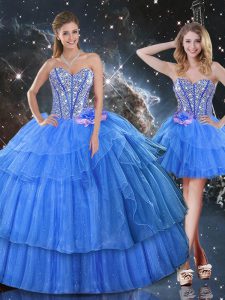Dynamic Baby Blue Ball Gowns Organza Sweetheart Sleeveless Ruffled Layers and Sequins Floor Length Lace Up 15th Birthday Dress