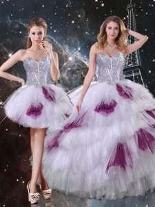 Multi-color Tulle Zipper 15 Quinceanera Dress Sleeveless Floor Length Beading and Ruffled Layers and Sequins