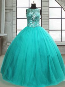 Ball Gowns Ball Gown Prom Dress Turquoise Scoop Tulle Sleeveless Floor Length Lace Up