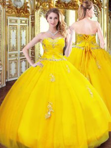Gold Lace Up Sweetheart Beading and Appliques 15th Birthday Dress Organza Sleeveless