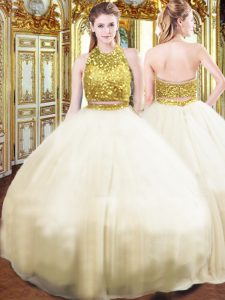 Floor Length Zipper Quinceanera Gown Champagne for Military Ball and Sweet 16 and Quinceanera with Beading