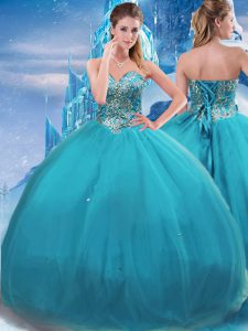 Sleeveless Tulle Floor Length Lace Up Ball Gown Prom Dress in Teal with Appliques