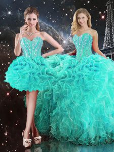Sweetheart Sleeveless Quinceanera Dress Floor Length Beading and Ruffles Turquoise Organza