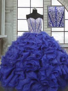 Clearance Blue Organza Lace Up Sweetheart Sleeveless Floor Length 15 Quinceanera Dress Beading and Ruffles