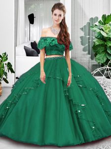 Sleeveless Floor Length Lace and Ruffles Lace Up Quinceanera Dress with Dark Green
