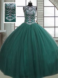 Tulle Scoop Sleeveless Lace Up Beading Quinceanera Gowns in Dark Green