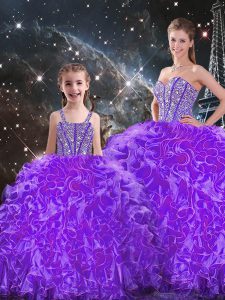 Elegant Sleeveless Floor Length Beading and Ruffles Lace Up 15 Quinceanera Dress with Eggplant Purple