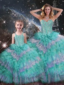 Multi-color Organza Lace Up Quinceanera Gowns Sleeveless Floor Length Beading and Ruffled Layers and Sequins