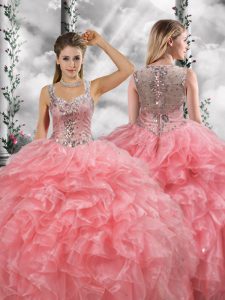Watermelon Red Straps Zipper Beading and Ruffles Quinceanera Gowns Sleeveless