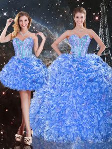 Ideal Baby Blue Three Pieces Sweetheart Sleeveless Organza Floor Length Lace Up Beading Ball Gown Prom Dress