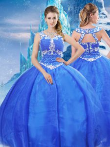 Flirting Blue Ball Gowns Beading Quince Ball Gowns Zipper Organza Sleeveless Floor Length