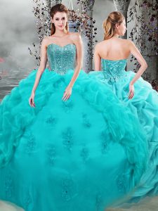 Sleeveless Organza Floor Length Lace Up Quinceanera Dresses in Aqua Blue with Beading and Appliques and Pick Ups