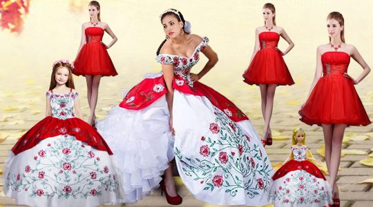 Traditional White And Red Sleeveless Organza and Taffeta Brush Train Lace Up Sweet 16 Dresses for Military Ball and Sweet 16 and Quinceanera