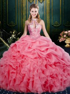Watermelon Red Lace Up Vestidos de Quinceanera Beading and Ruffles and Pick Ups Sleeveless Floor Length