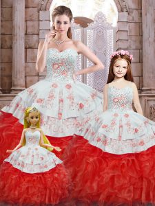 New Arrival Floor Length White And Red 15th Birthday Dress Sweetheart Sleeveless Lace Up