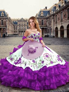 Unique Sleeveless Floor Length Embroidery and Ruffled Layers Lace Up Quinceanera Gown with Eggplant Purple