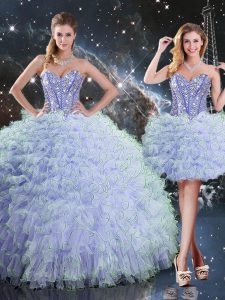Colorful Organza Sweetheart Sleeveless Lace Up Beading and Ruffles Quinceanera Dress in Lavender