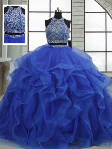 Exceptional Royal Blue Ball Gowns Halter Top Sleeveless Organza Floor Length Lace Up Beading and Ruffles 15th Birthday Dress