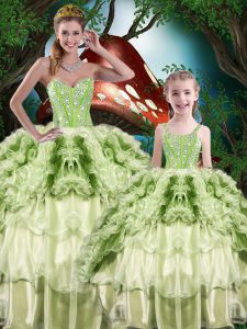 Delicate Yellow Green Ball Gowns Organza Sweetheart Sleeveless Beading and Ruffles and Ruffled Layers Floor Length Lace Up Quinceanera Dresses