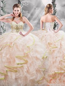 Adorable Peach Sleeveless Organza Brush Train Lace Up 15th Birthday Dress for Military Ball and Sweet 16 and Quinceanera