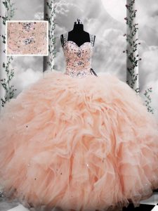 Shining Tulle Straps Sleeveless Lace Up Beading and Ruffles Quinceanera Dresses in Peach