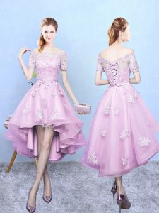 Exquisite A-line Quinceanera Court of Honor Dress Rose Pink Off The Shoulder Tulle Short Sleeves High Low Lace Up