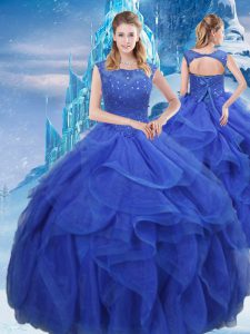 Luxurious Royal Blue Lace Up Bateau Ruffles and Sequins Sweet 16 Dress Organza Sleeveless