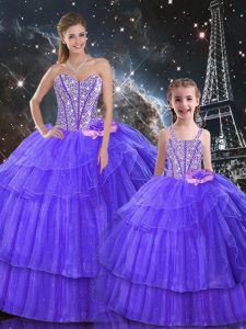 Luxurious Purple Ball Gowns Organza and Tulle Sweetheart Sleeveless Ruffled Layers and Sequins Floor Length Lace Up Sweet 16 Dresses
