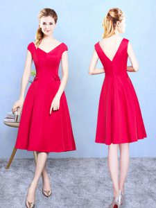 Red V-neck Neckline Ruching Quinceanera Dama Dress Cap Sleeves Zipper