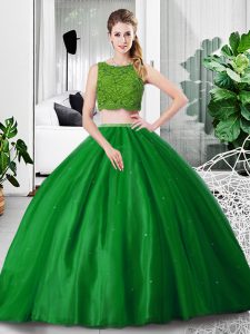 Green Sleeveless Tulle Zipper Ball Gown Prom Dress for Military Ball and Sweet 16 and Quinceanera