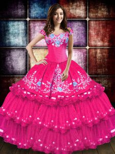 Hot Pink Sleeveless Floor Length Embroidery and Ruffled Layers Lace Up Vestidos de Quinceanera