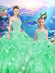 Fitting Apple Green Sweetheart Lace Up Beading and Ruffles Quinceanera Dress Sleeveless